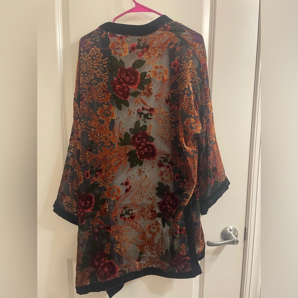 Floral Sheer Kimono with velvet trim.